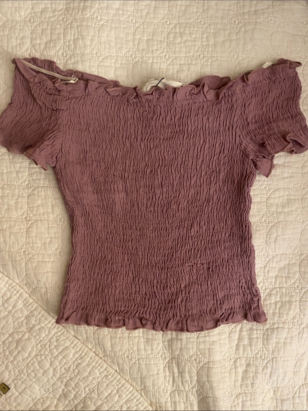Salty lemon Smocked Off-Shoulder Crop Top in Dusty Mauve